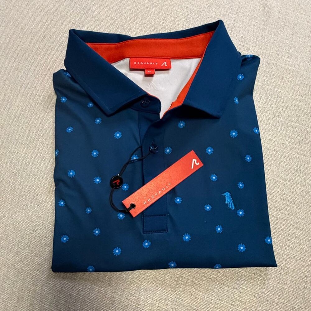 REDVANLY - Golf - Active Wear - Navy Blue Patterned Polo Shirt XL